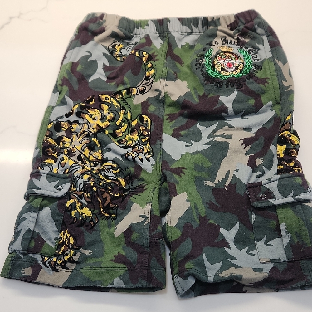 Ed Hardy Kids Tiger Camouflage Cargo Shorts Green Yellow Y2K Size 4